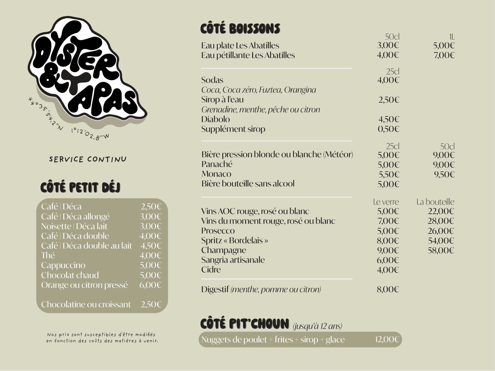 Menu boissons Oyster & Tapas