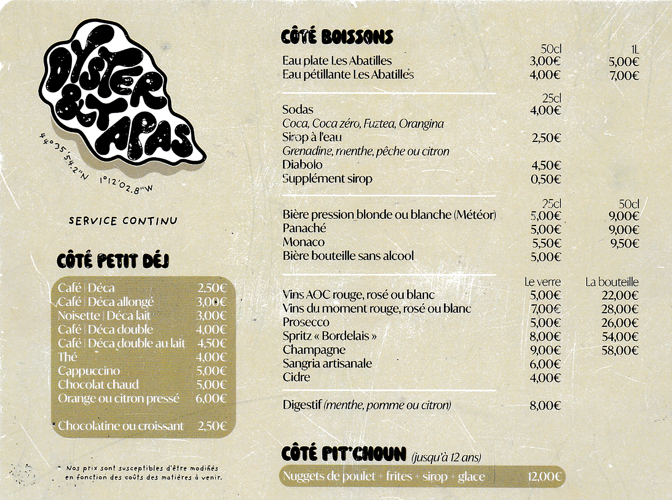 Menu boissons Oyster & Tapas